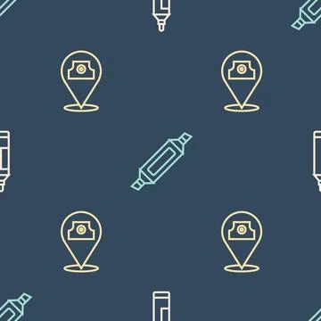 Set line Marker pen, Paint spray can and  on seamless pattern. Vector 库存插图