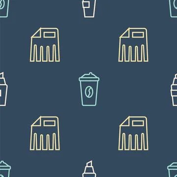 Set line Marker pen, Paper shredder and Coffee cup to go on seamless pattern 스톡 일러스트