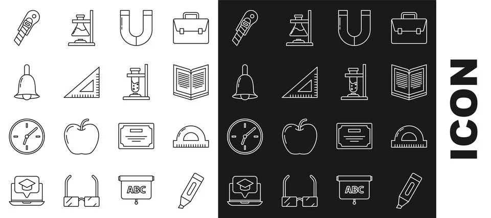 Set line Marker pen, Protractor grid for measuring degrees, Open book, Magnet Stock Illustration