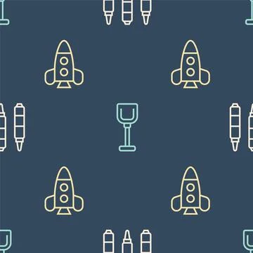 Set line Marker pen, Rocket ship toy and Shovel on seamless pattern. Vector Stock Illustration