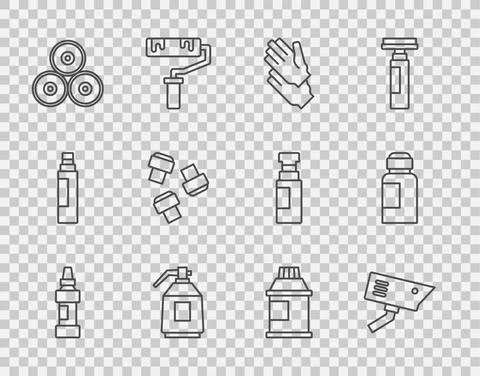 Set line Marker pen, Security camera, Rubber gloves, Paint spray gun, can Stock Illustration