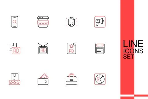 Set line Market analysis Briefcase Wallet with money Consumer product rating  Stock-Illustration