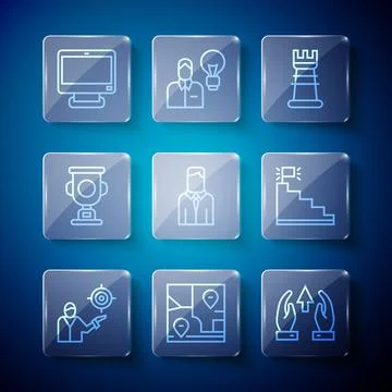 Set line Marketing target strategy, Folded map with location, Growth chart and Stock Illustration