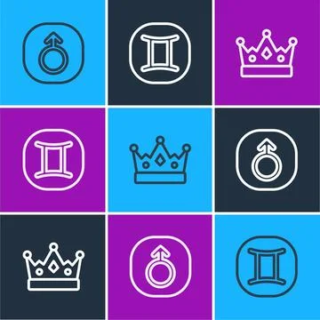 Set line Mars, King crown and Gemini zodiac icon. Vector Stock Illustration