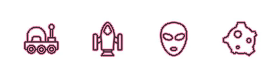 Set line Mars rover, Alien, Rocket ship and Asteroid icon. Vector Illustrazione stock