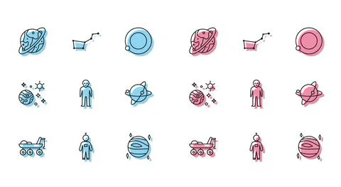 Set line Mars rover, Astronaut, Space capsule and parachute, Planet Venus, Alien Stock Illustration
