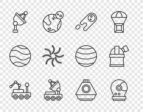 Set line Mars rover, Astronaut helmet, Comet falling down fast, Satellite dish イラスト素材