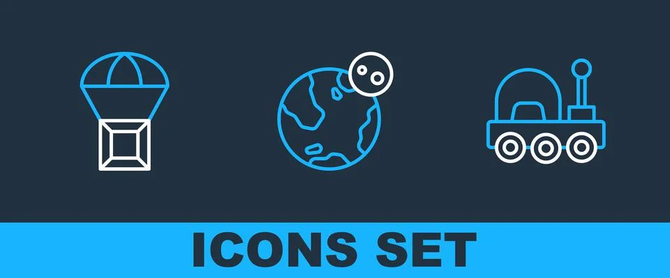 Set line Mars rover, Box flying on parachute and Earth globe icon. Vector 스톡 일러스트