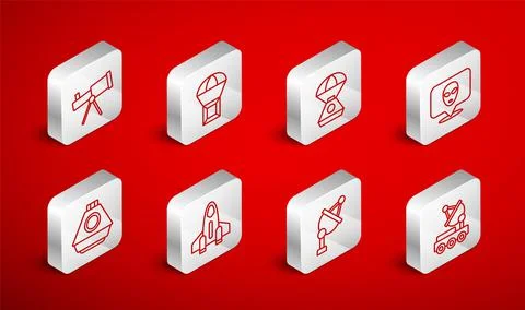 Set line Mars rover, Box flying on parachute, Space capsule, Alien, Satellite Stock Illustration