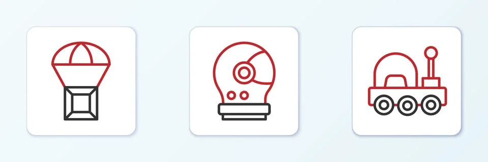 Set line Mars rover, Box flying on parachute and Astronaut helmet icon. Vector Stock Illustration