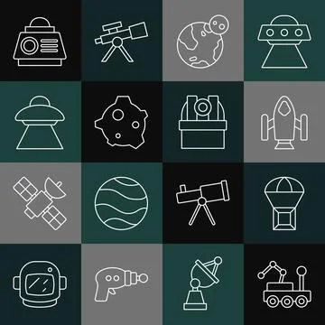 Set line Mars rover, Box flying on parachute, Rocket ship, Earth globe, Asteroid 스톡 일러스트