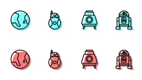 Set line Mars rover, Earth globe, Robot and icon. Vector Stock Illustration