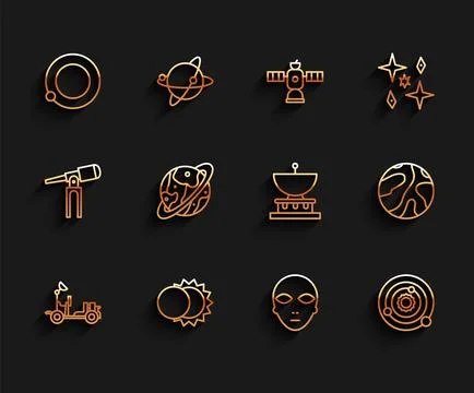 Set line Mars rover, Eclipse of the sun, Satellites orbiting planet Earth, .. 스톡 일러스트