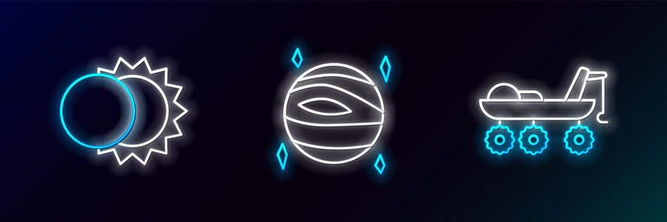 Set line Mars rover, Eclipse of the sun and Planet Venus icon. Glowing neon.. Ilustração Stock