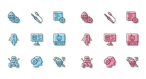 Set line Mars rover, Humanoid robot, Robot setting, Software, and Soldering iron Illustrazione stock
