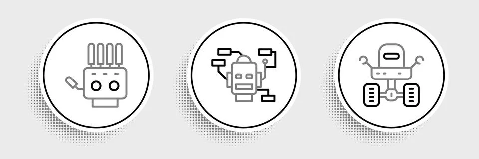 Set line Mars rover, Mechanical robot hand and Robot icon. Vector Illustrazione stock