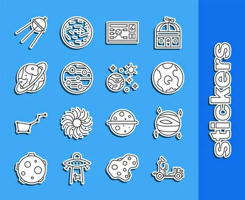Set line Mars rover, Planet Venus, Earth globe, Futuristic hud interface, Space Stock Illustration