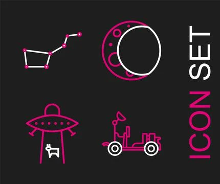 Set line Mars rover, Planet, Moon and Great Bear constellation icon. Vector Ilustração Stock