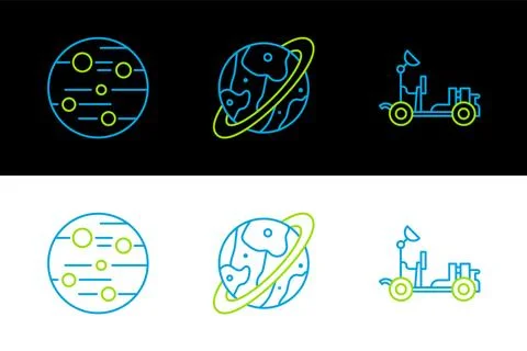 Set line Mars rover, Planet and Space capsule and parachute icon. Vector Illustrazione stock