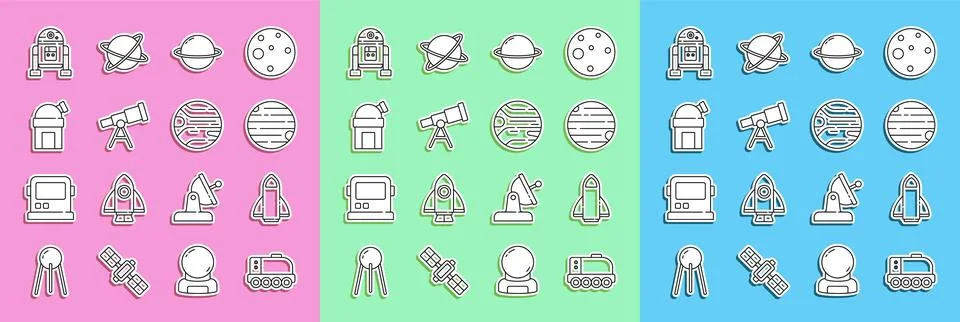 Set line Mars rover, Rocket ship, Planet, Saturn, Telescope, Astronomical o.. Stock Illustration