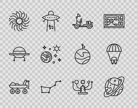 Set line Mars rover, Space capsule and parachute, Great Bear constellation Ilustración de archivo