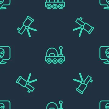 Set line Mars rover, Telescope and Alien on seamless pattern. Vector Illustrazione stock