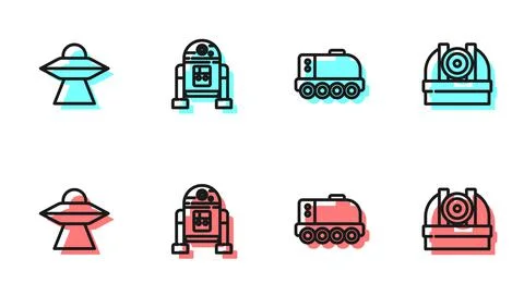 Set line Mars rover, UFO flying spaceship, Robot and Astronomical observatory Stock Illustration
