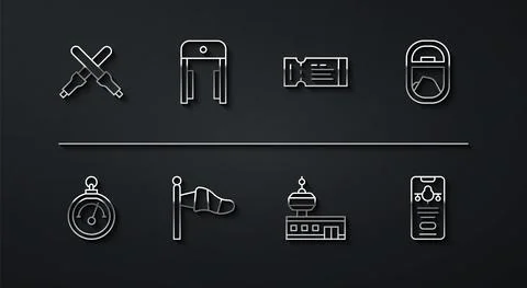 Set line Marshalling wands, Barometer, Airplane window, Airport control tower Stock Illustration