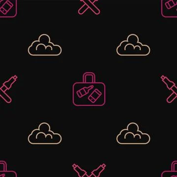 Set line Marshalling wands, Cloud weather and Suitcase on seamless pattern. V Stock Illustration