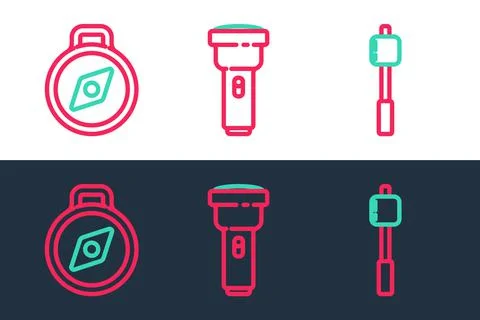 Set line Marshmallow on stick, Compass and Flashlight icon. Vector Illustrazione stock