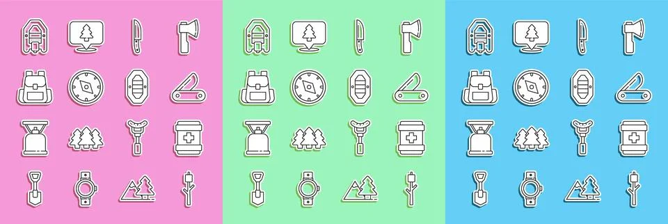 Set line Marshmallow on stick, First aid kit, Swiss army knife, Knife, Compass Stock Illustration