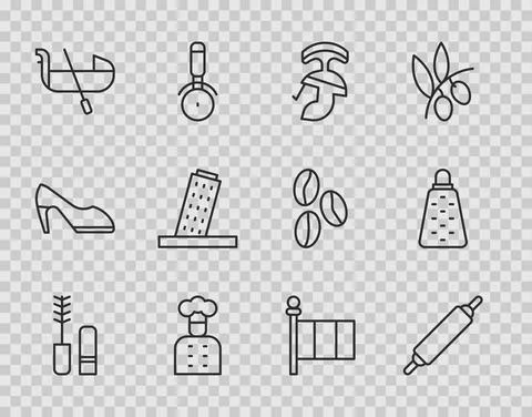 Set line Mascara brush, Rolling pin, Roman army helmet, Italian cook, Gondola Ilustración de archivo