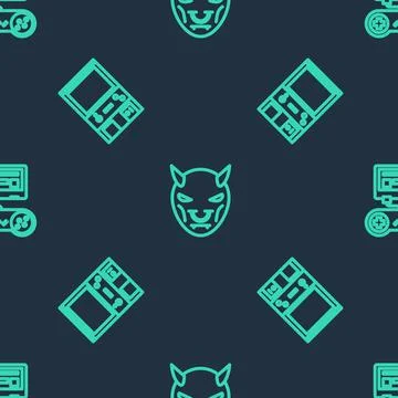 Set line Mask of the devil with horns, Retro arcade game machine and Game Illustrazione stock