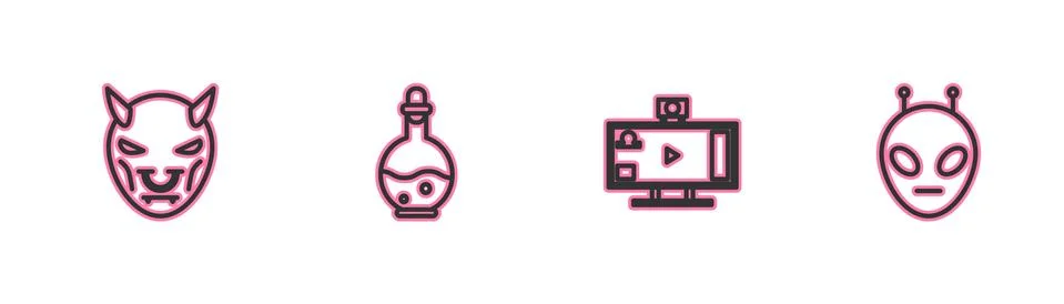 Set line Mask of the devil with horns, Live streaming online, Bottle magic Stock Illustration