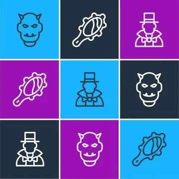 Set line Mask of the devil with horns, Magician and hand mirror icon. Vector Stock Illustration