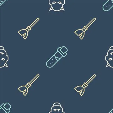 Set line Mask of the devil with horns, Witches broom and Bottle potion on Stock Illustration