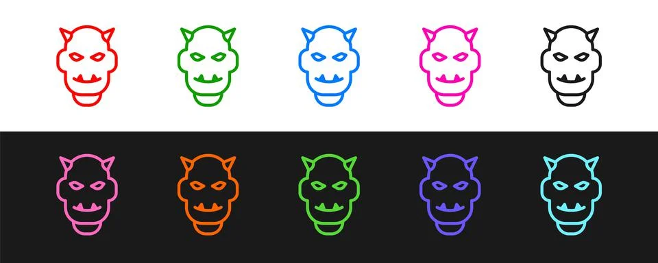 Set line Mask of the devil with horns icon isolated on black and white Stock-Illustration