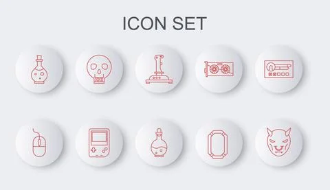 Set line Mask of the devil with horns, Computer mouse, Joystick for arcade Stock Illustration