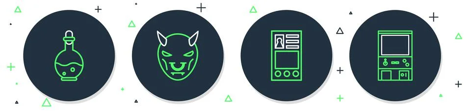 Set line Mask of the devil with horns, Create account screen, Bottle magic Stock Illustration