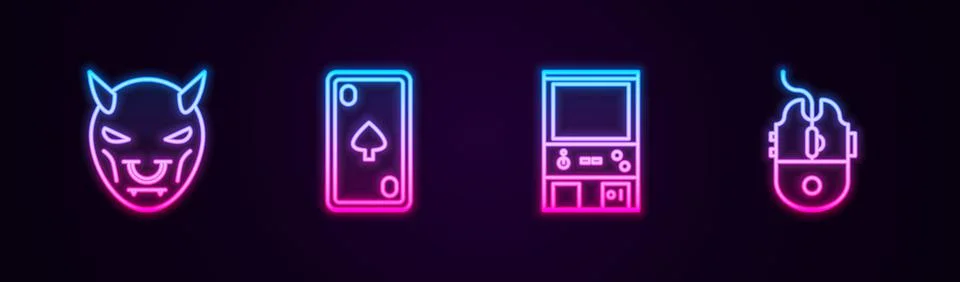 Set line Mask of the devil with horns, Playing card diamonds, Retro arcade ga Illustrazione stock