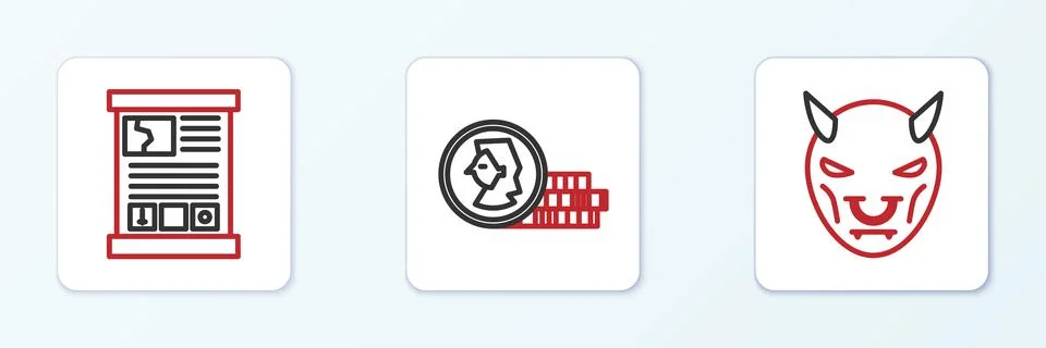 Set line Mask of the devil with horns, Game guide and Coin for game icon. Vector Stock Illustration