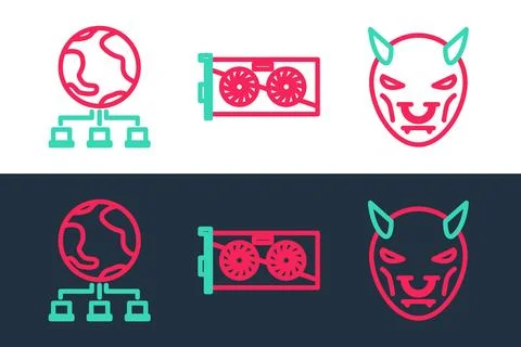 Set line Mask of the devil with horns, Computer network and Video graphic c.. 库存插图