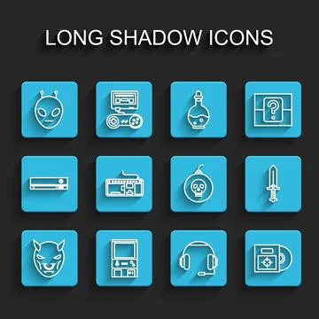 Set line Mask of the devil with horns, Retro arcade game machine, Alien, He.. Illustrazione stock