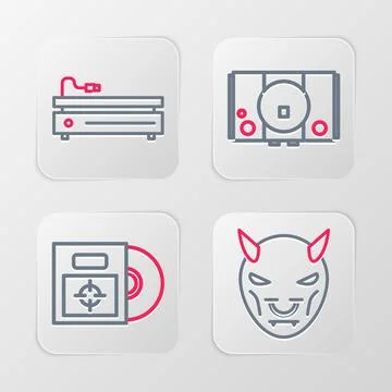 Set line Mask of the devil with horns, CD DVD disk in box, Video game conso.. 스톡 일러스트