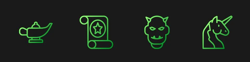 Set line Mask of the devil with horns, Magic lamp Aladdin, scroll and Unico.. Stock Illustration