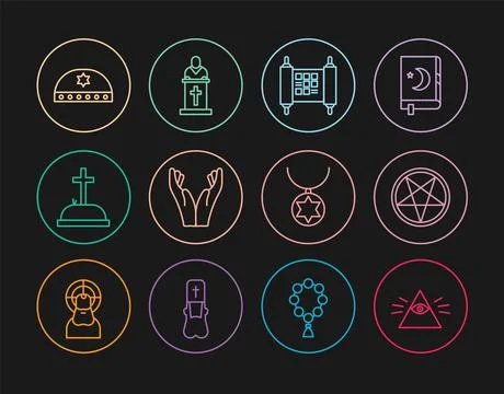 Set line Masons, Decree, paper, parchment, scroll, Hands praying position, .. Ilustração Stock