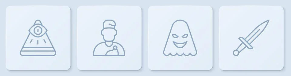 Set line Masons, Ghost, Wizard warlock and Dagger. White square button. Vecto Stock Illustration