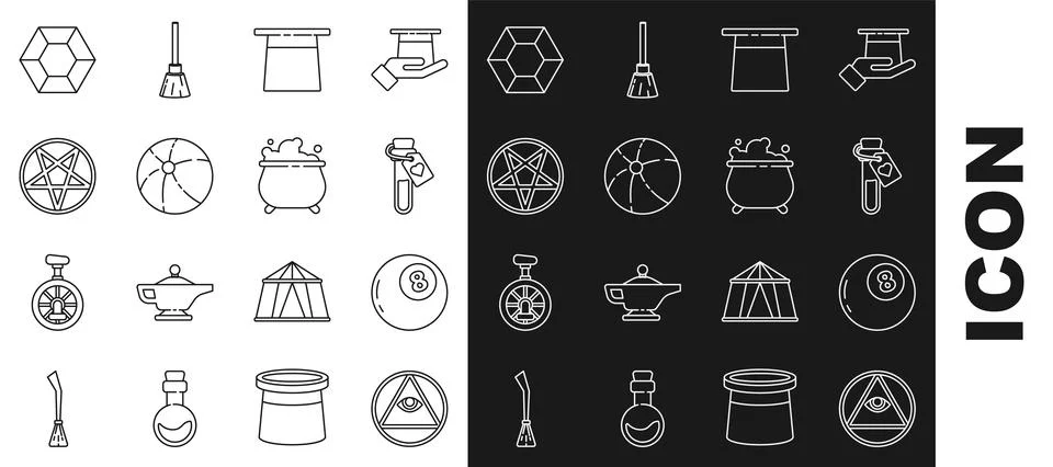 Set line Masons, Magic ball of predictions, Bottle with love potion, Magici.. Stock Illustration
