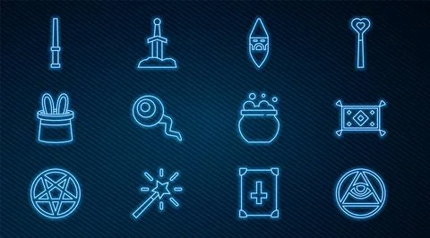Set line Masons, Magic carpet, Wizard warlock, Eye, Magician hat and rabbit.. Stock Illustration
