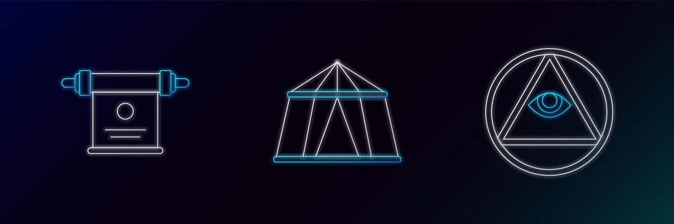 Set line Masons, Magic scroll and Circus tent icon. Glowing neon. Vector Stock Illustration